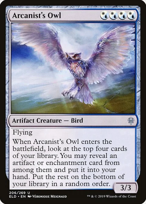 Arcanist's Owl, card 206 from Throne of Eldraine