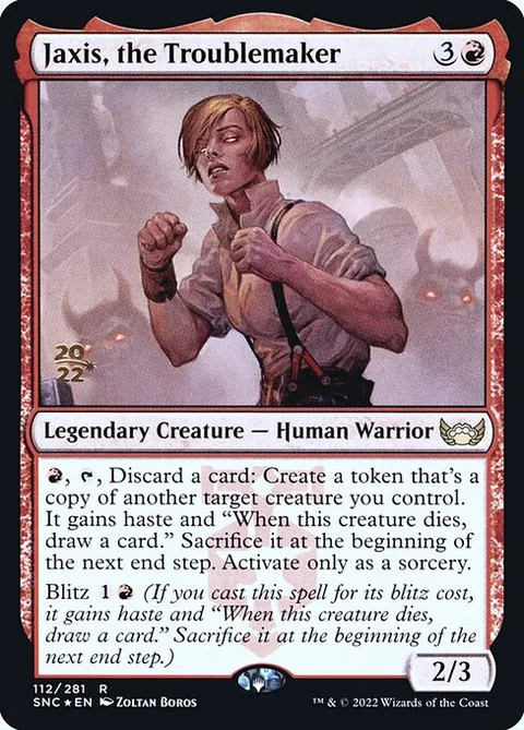 Jaxis, the Troublemaker, card 112s from Streets of New Capenna Promos