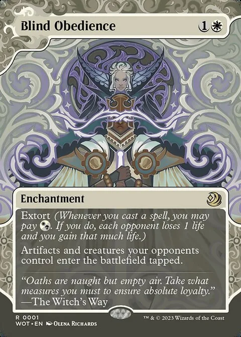 Blind Obedience, card 1 from Wilds of Eldraine: Enchanting Tales