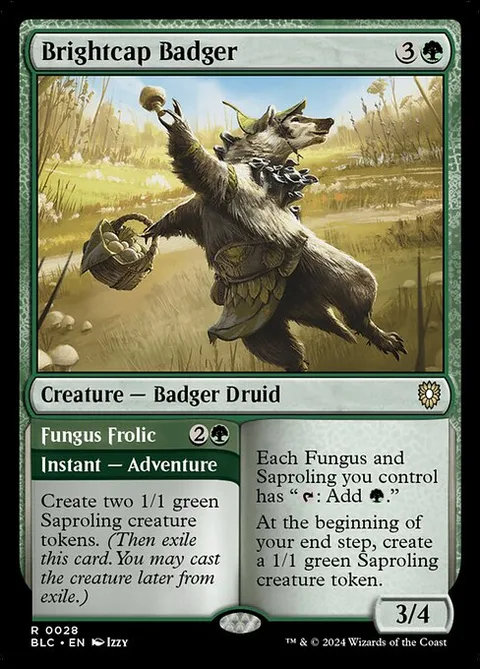 Brightcap Badger // Fungus Frolic, card 28 from Bloomburrow Commander