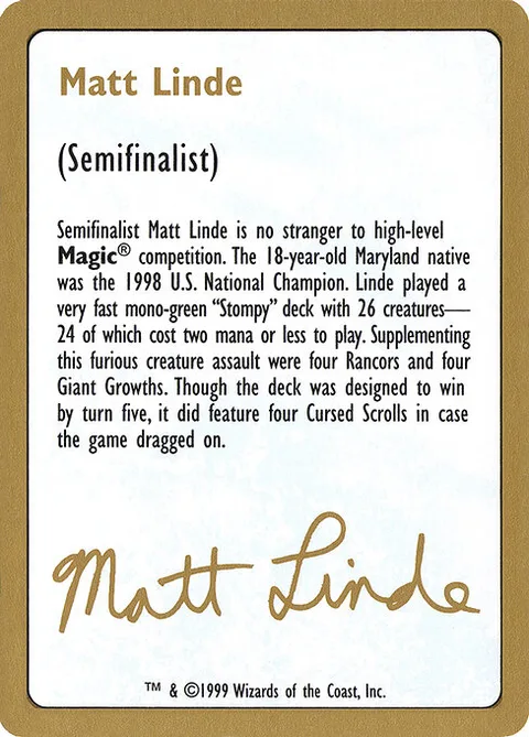 Matt Linde Bio, carte ml0a de World Championship Decks 1999