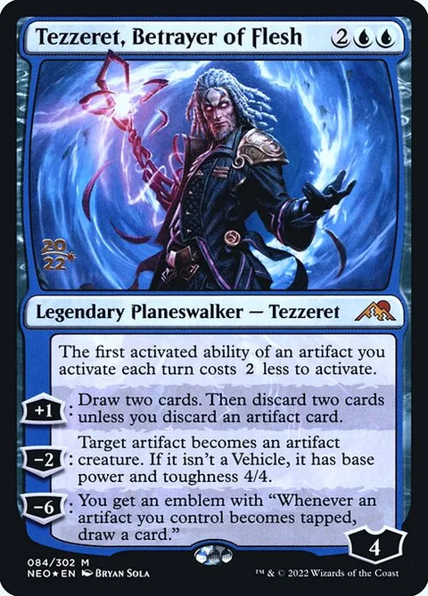Tezzeret, Betrayer of Flesh, card 84s from Kamigawa: Neon Dynasty Promos