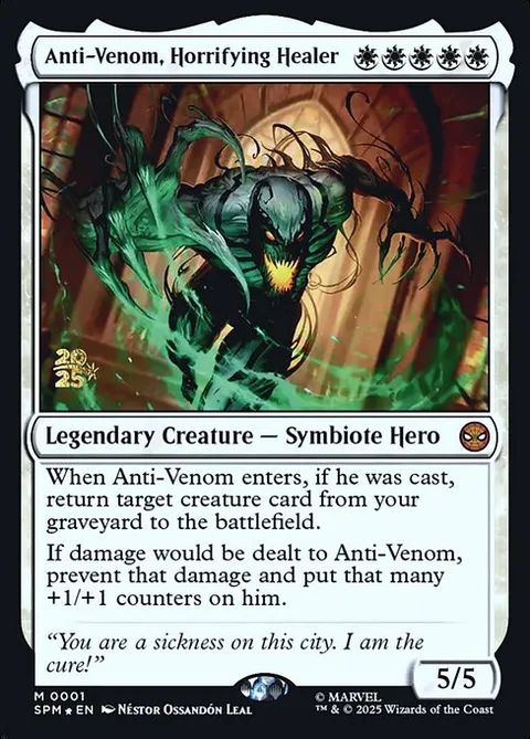 Anti-Venom, Horrifying Healer, card 1s from Marvel's Spider-Man Promos