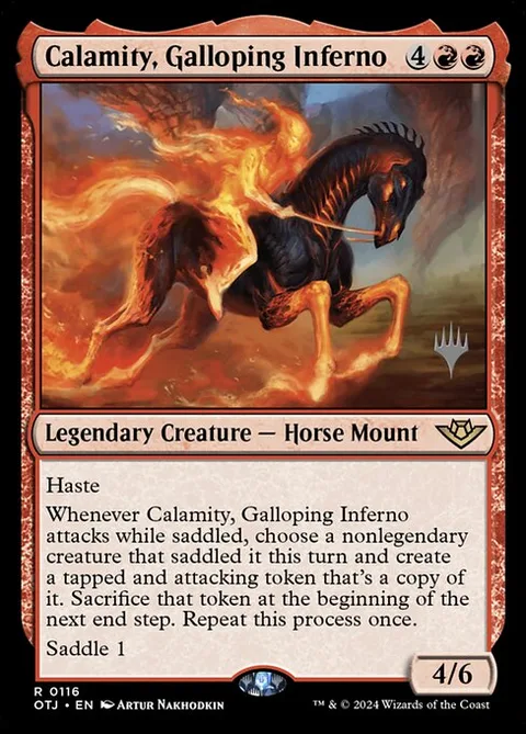 Calamity, Galloping Inferno, card 116p from Outlaws of Thunder Junction Promos