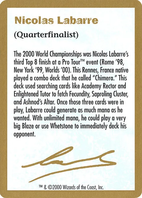 Nicolas Labarre Bio, card nl0a from World Championship Decks 2000