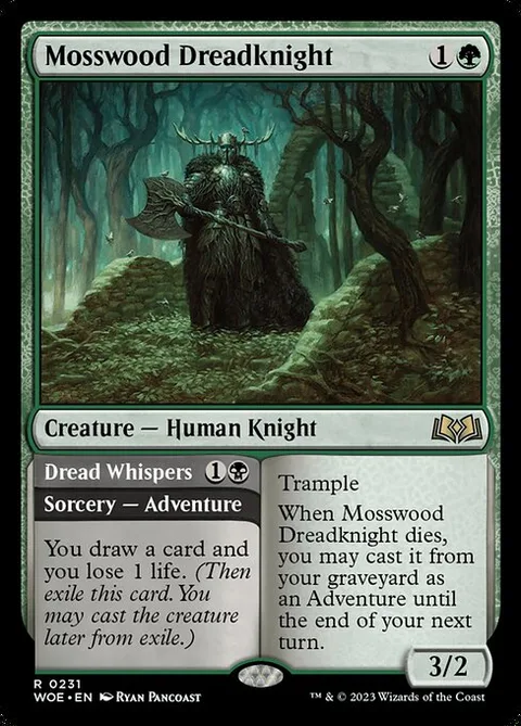 Mosswood Dreadknight // Dread Whispers, card 231 from Wilds of Eldraine
