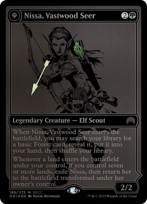 Nissa, Vastwood Seer // Nissa, Sage Animist, card 189 from San Diego Comic-Con 2015