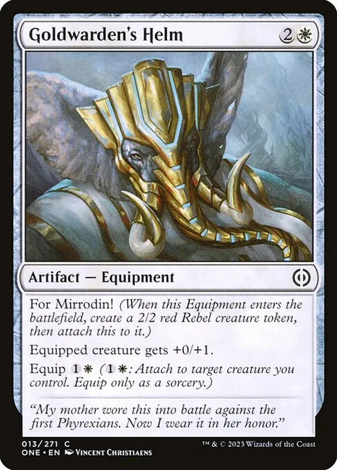 Goldwarden's Helm, card 13 from Phyrexia: All Will Be One