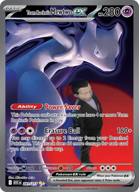 Team Rocket's Mewtwo ex, card 281 from Ascended Heroes