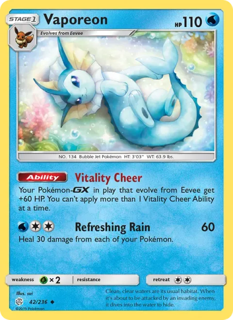 Vaporeon, card 42 from Cosmic Eclipse