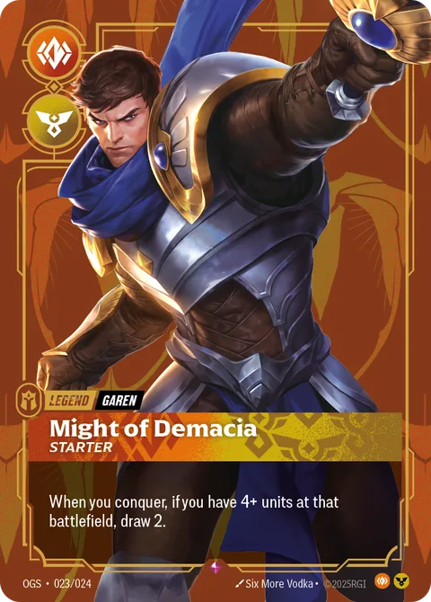 Garen - Might of Demacia, carte opp-023-024 de Riftbound Organized Play Promotional Cards