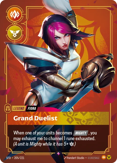 Fiora - Grand Duelist (Metal), card opp-205-221 from Riftbound Organized Play Promotional Cards